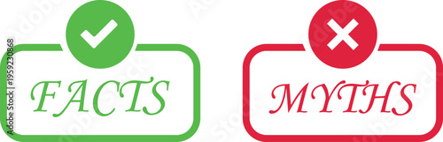 Fact myth icon set collection group with truth and false symbols check mark cross speech bubble information concept flat vector for web app infographic design isolated background.