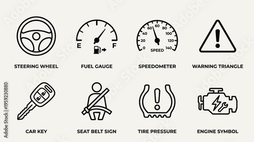 "Minimal line icons of automotive dashboard elements including wheel, gauge, speedometer, triangle, key, belt, tire, engine."