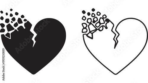 Broken heart with falling pieces, symbol of sadness