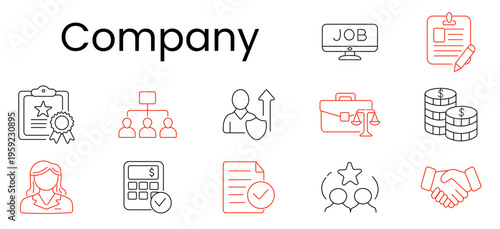 Company set icon. Outline pictograms, job monitor, clipboard document, certificate badge, team structure, career growth, briefcase scale, coin stacks, businesswoman, calculator check, approved paper