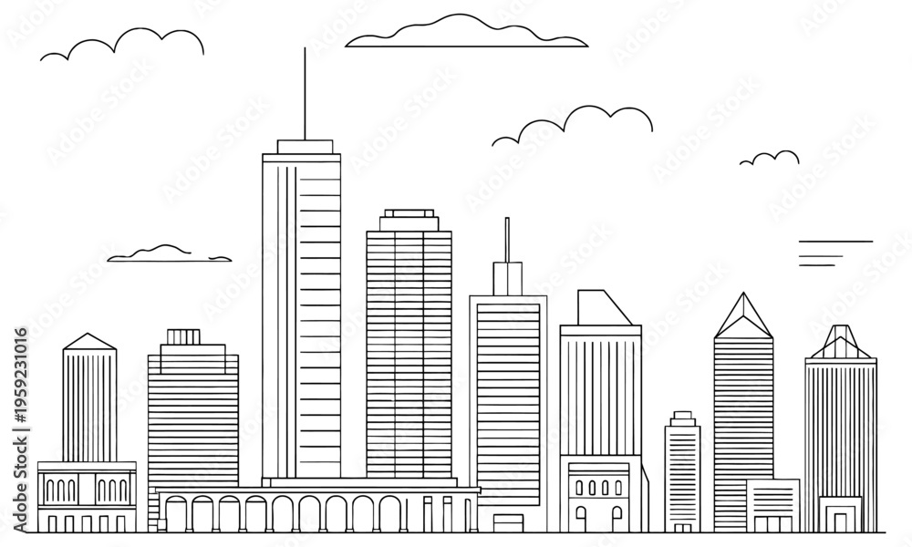 Obraz premium city skyline with tall buildings and clouds in the sky line drawing