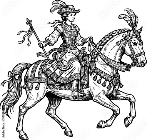 Noblewoman riding an ornate horse in ceremonial dress