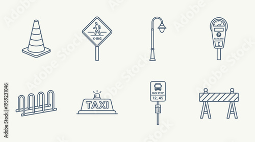 "Minimal line icons of urban transport elements including cone, crossing, lamp, meter, bike rack, taxi, bus, barrier."