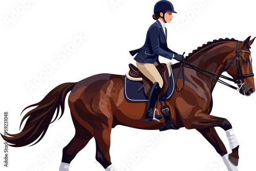 Professional equestrian athlete executing dressage movements on a bay horse