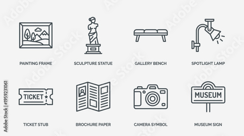 "Minimal line icons of museum elements including painting, statue, bench, spotlight, ticket, brochure, camera, sign."