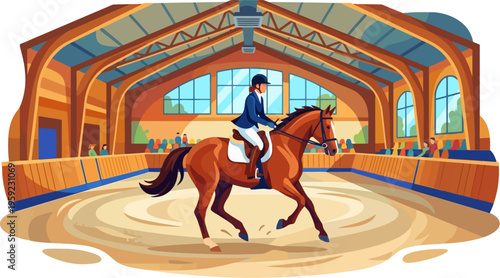 Professional equestrian practicing dressage in an indoor riding arena