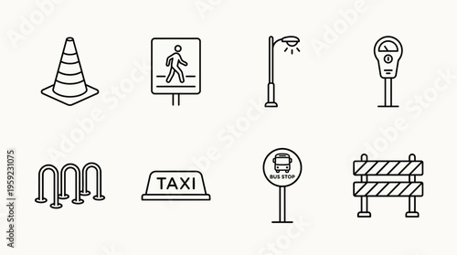"Minimal line icons of urban transport elements including cone, crossing, lamp, meter, bike rack, taxi, bus, barrier."