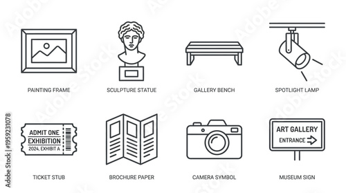 "Minimal line icons of museum elements including painting, statue, bench, spotlight, ticket, brochure, camera, sign."