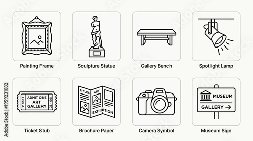 "Minimal line icons of museum elements including painting, statue, bench, spotlight, ticket, brochure, camera, sign."