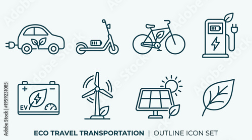 "Minimal line icons of eco energy including electric car, scooter, station, battery, bike, turbine, solar, leaf."