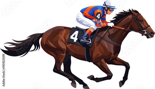 Professional jockey racing a thoroughbred horse on a track