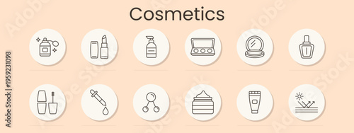 Cosmetics set icon. Perfume, lipstick, lotion, eyeshadow palette, compact mirror, nail polish, mascara, dropper serum, cream jar, sunscreen, skincare, beauty salon, makeup routine, personal care