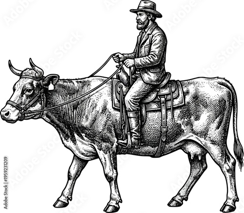 Rural man riding a saddled cow in a field
