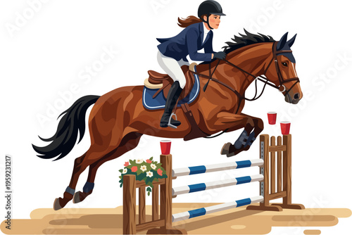 Show jumper clearing a striped hurdle