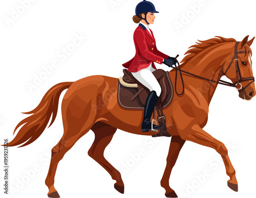 Show jumper in red jacket riding chestnut horse