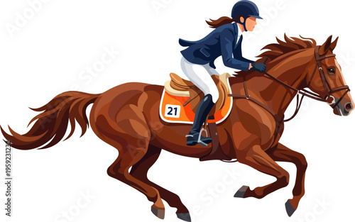 Show jumping athlete competing on dark horse