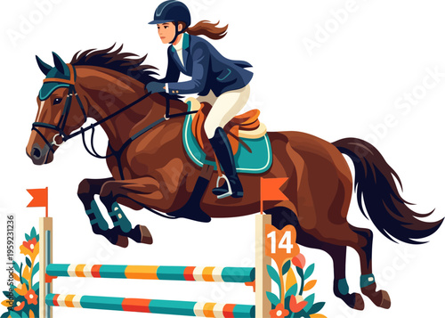 Show jumping horse and rider clearing a colorful hurdle in competition