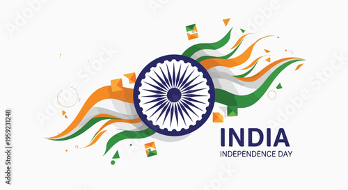 Vibrant graphic celebrating India's Independence Day with a central Ashoka Chakra, flowing national flag colors, and confetti.