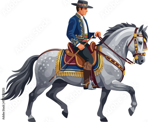 Spanish horseman in traditional costume riding a grey pura raza espaola