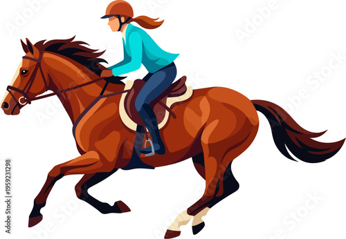 Speeding equestrian athlete galloping on bay horse