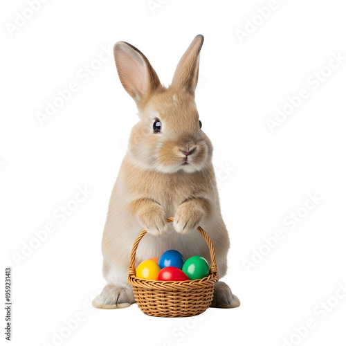Easter bunny with colorful eggs isolated on transparent background
