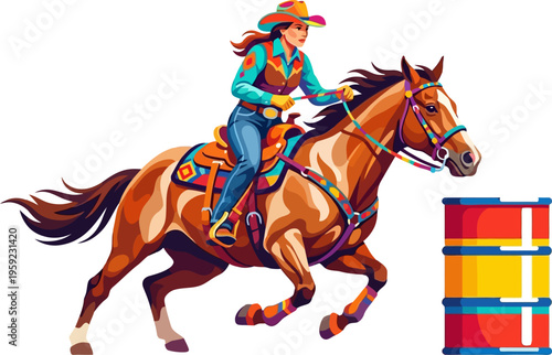Western cowgirl competing in barrel racing event