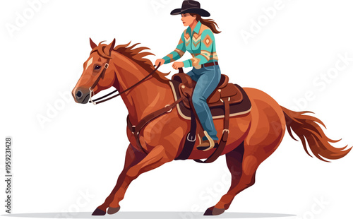 Western cowgirl galloping on a chestnut horse