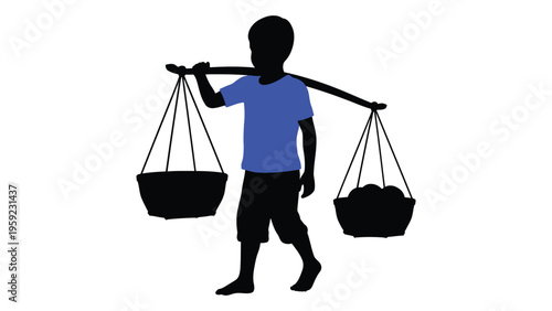 A silhouette of a child carrying two baskets on a yoke