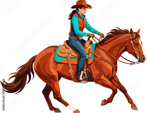 Western cowgirl in orange vest galloping