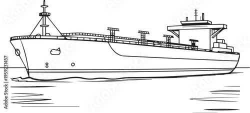 Detailed outline drawing of large cargo ship or bulk carrier sailing on water surface with superstructure illustration