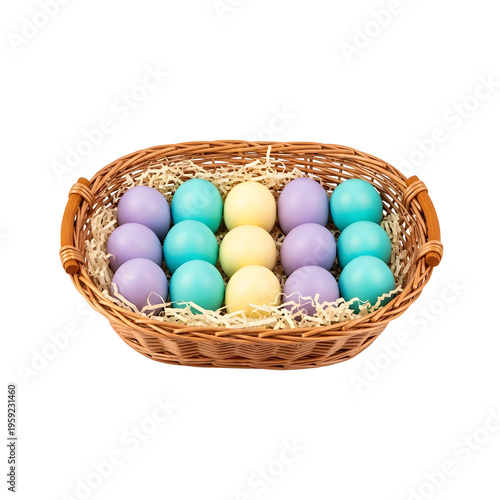 Pastel Easter Eggs in Wicker Basket isolated on transparent background