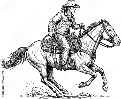 Wild west cowboy galloping on a horse with a coiled lasso
