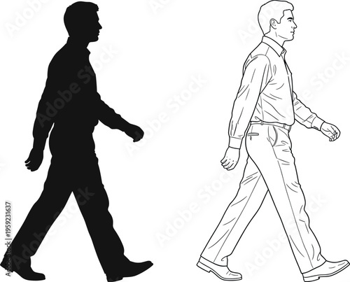 Walking man silhouette and line art vector illustration showing side view male stride motion isolated on clean minimal background