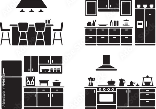 Kitchen interior icons, kitchen island with stools, cabinets and appliances, refrigerator and pantry, modern kitchen setup, black and white illustrations