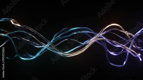 Abstract visualization of glowing blue and purple energy fibers flowing dynamically across a deep dark background space