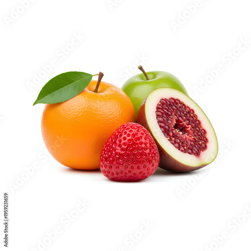 Fresh fruits arrangement orange apple strawberry and blood orange.