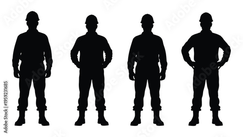 Four black silhouettes of men in various poses