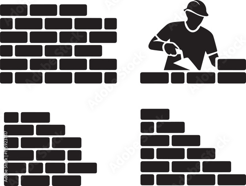 masonry worker and brick wall icons flat vector illustrations for construction and DIY projects