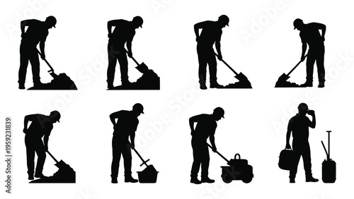 Silhouette of a man performing various actions with a vacuum cleaner