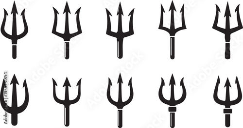 Trident icons, vector tridents, devil fork symbols, pitchfork signs, mythology, fantasy, black illustrations