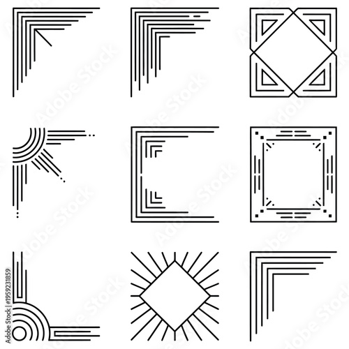 Set of nine black and white decorative corner designs featuring geometric patterns and art deco inspired lines for frames and borders