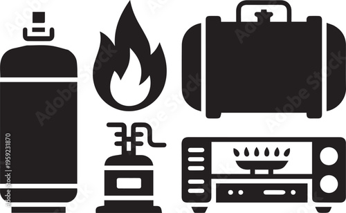 Portable gas stove and propane tank with flames, camping equipment, and kitchen appliance for outdoor cooking and travel