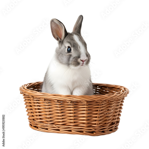 Rabbit in a Wicker Basket isolated on transparent background