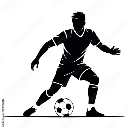 Soccer player silhouette dribbling ball with focused athletic stance for football academy logo and sports promotion materials isolated on clean white background
