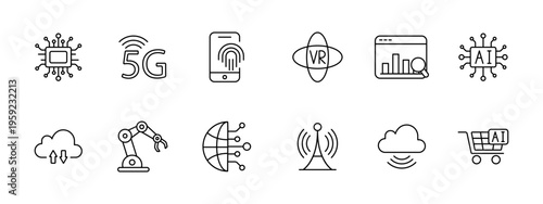 Technology innovation network set icon. Chip 5g fingerprint vr analytics ai cloud robot antenna cart depict digital future automation connectivity data