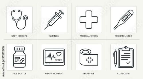 "Minimal line icons of medical tools including stethoscope, syringe, cross, thermometer, pills, monitor, bandage."
