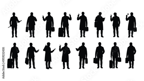 Silhouette of people with luggage in various poses and outfits