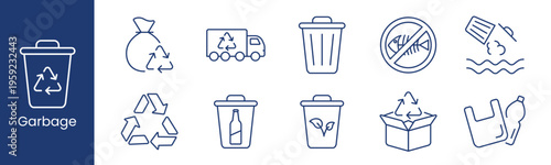 Garbage set icon. Collection with recycle bin, waste bag, recycling truck, trash can, no fish sign, water pollution, recycle arrows, glass bin, eco bin, cardboard box, plastic bag.