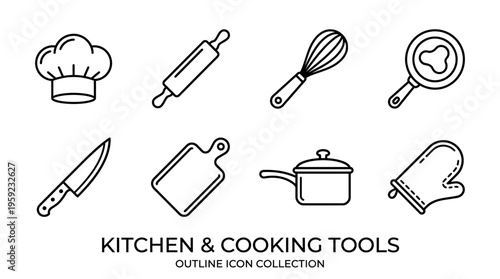 "Minimal line icons of kitchen tools including pan, hat, rolling pin, knife, board, whisk, pot, mitt."