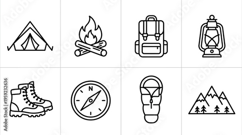 "Minimal line icons of camping gear including tent, campfire, backpack, lantern, boots, compass, sleeping bag, mountains."